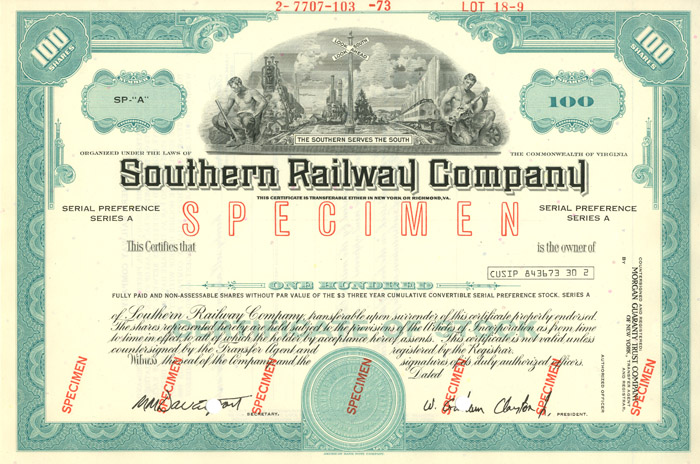 Southern Railway Co. - Specimen Stock Certificate